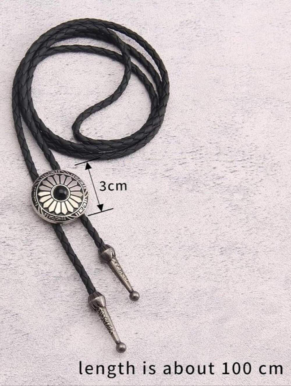 New western Black and silver Round Leather bolo tie 40" Approx
